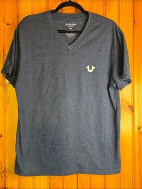 True Religion Men's Heather Navy V-Neck Logo Tee